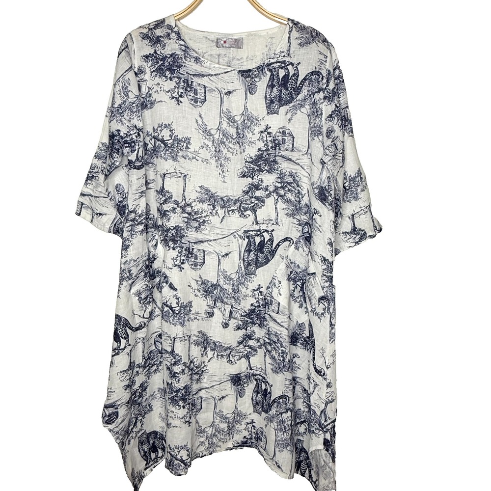 Tina Stephens Printed‎ Linen Dress Size Large* Jaguar Old Country Dogs Beach
